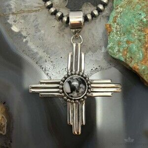 Sterling Silver Southwestern Style Rounded White Buffalo Unisex Zia Pendant #1